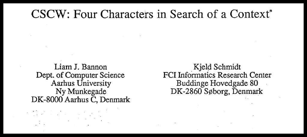 Screenshot of paper "CSCW: Four Characters in Search of a Context"